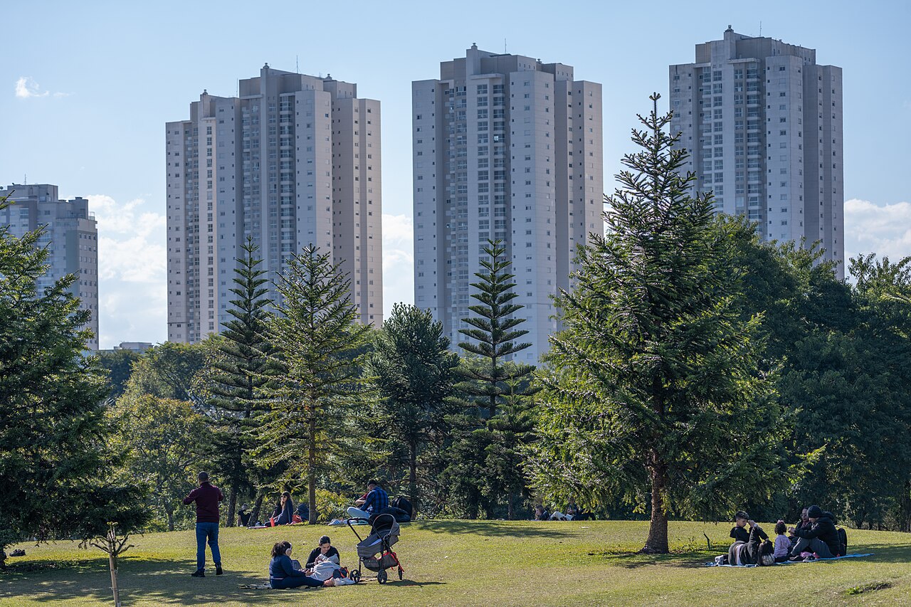 Gramado do Jardim Botânico de Curitiba, Paraná, com araucárias e prédios residenciais altos ao fundo sob céu azul